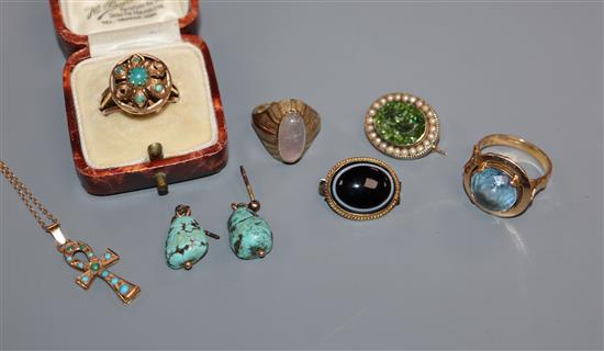 Two Middle Eastern yellow metal and gem set rings and a similar pendant, a 9ct ring two brooches and a pair of earrings.